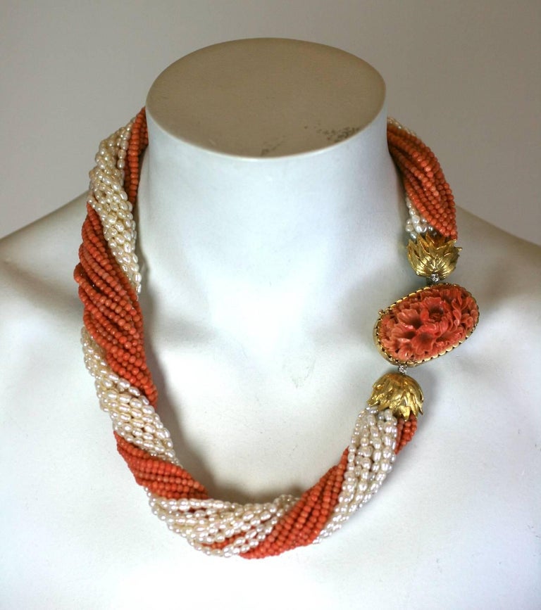 Carved Coral and Pearl Torsade Necklace at 1stDibs