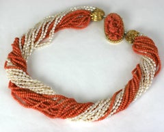 Carved Coral and Pearl Torsade Necklace