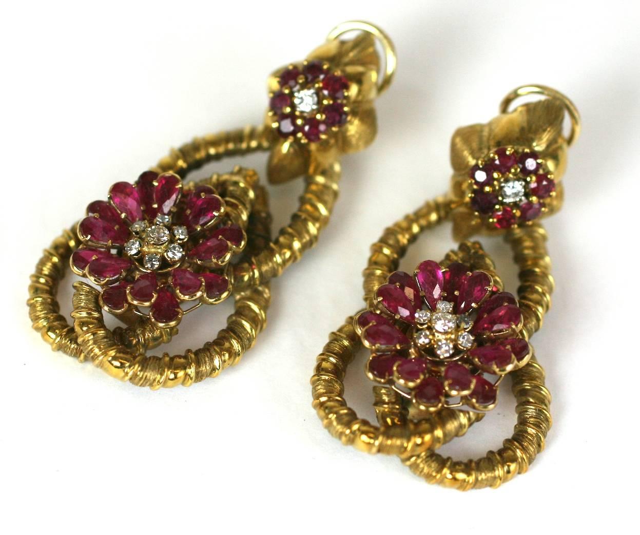 Ruby and Diamond Flower Earrings In Excellent Condition For Sale In New York, NY