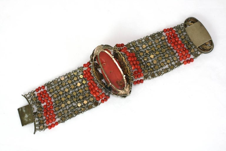 Bracelet Art Déco Vintage En Corail Naturel Et Argent Doré - Années 1920, Occasion, Bijou Ancien