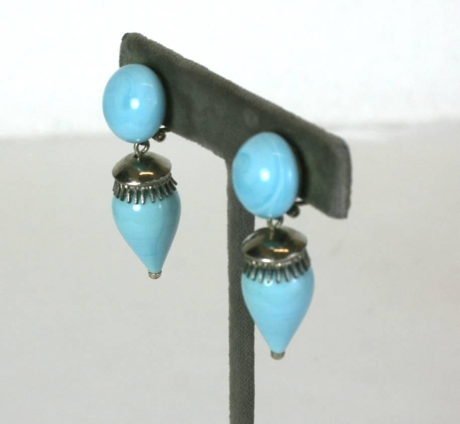 Louis Rousselet Persian turquoise pate de verre pendant earrings in the Etruscan revival Urn style with silver gilt crown fittings. 
Clip Back Fittings. 1930's France.  Excellent Condition.
Length 1.75
