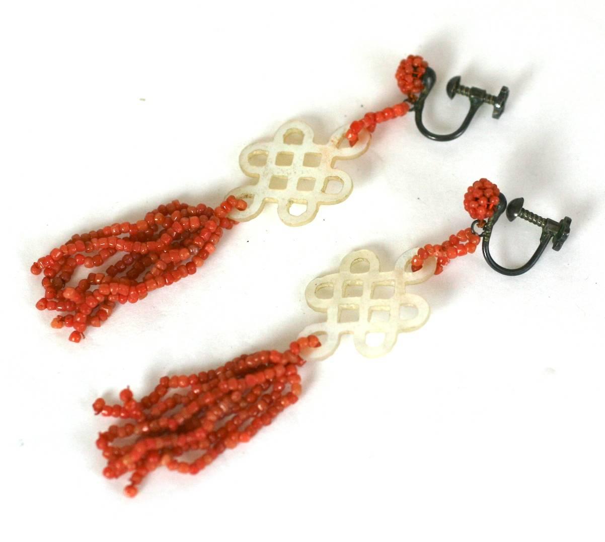 Art Deco Chinese Coral Earrings In Excellent Condition For Sale In New York, NY