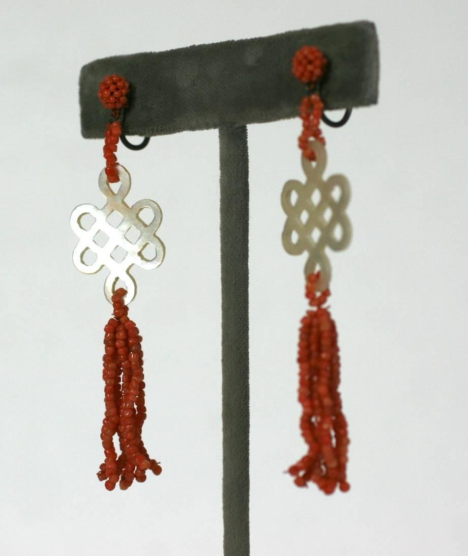Art Deco Chinese Coral Earrings with Mother of pearl 