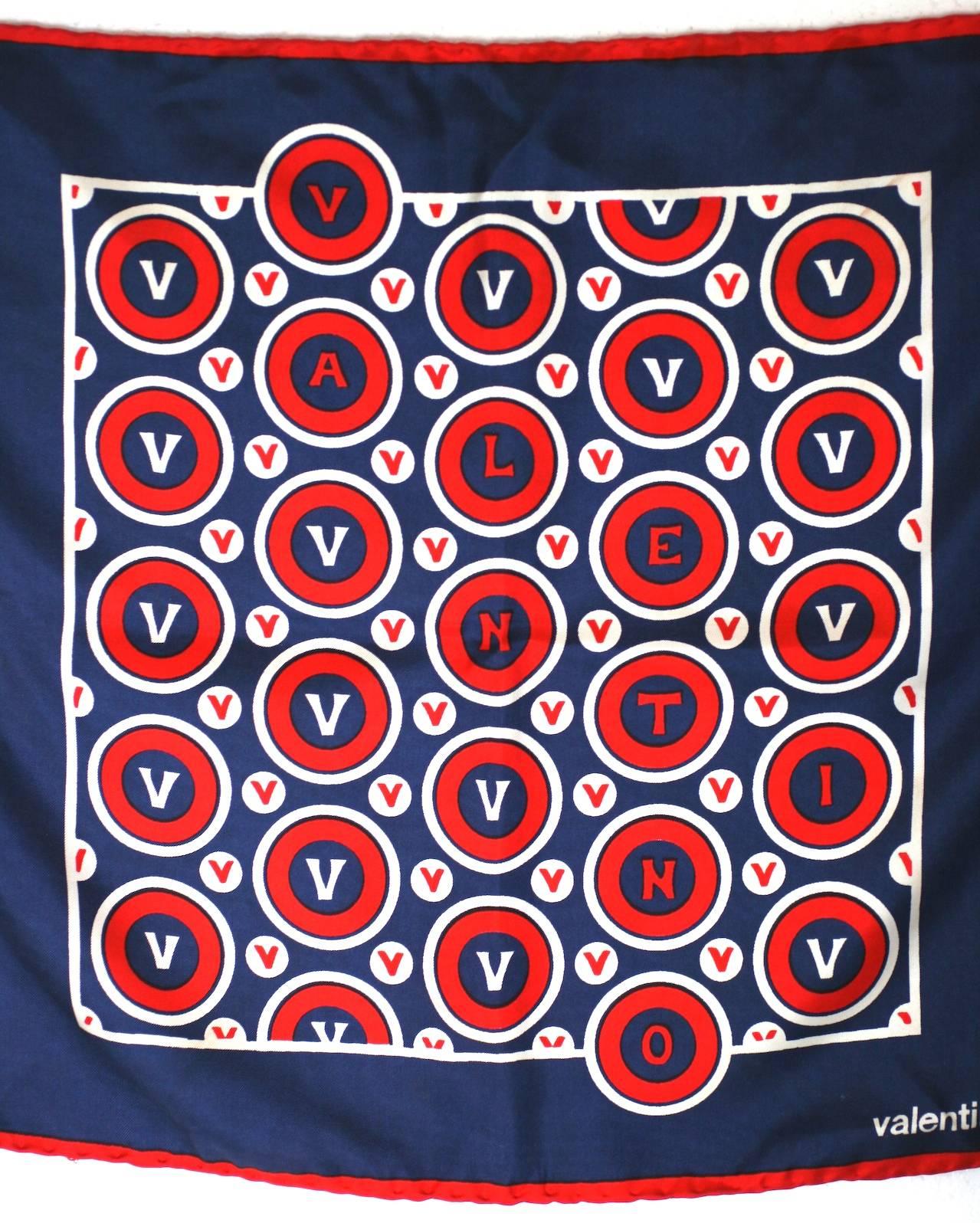 Valentino Silk Twill Logo Scarf in graphic red, white and blue. This archival design from the 1970's,  has recently been reintroduced by Valentino for its RTW collections.
1970's Italy.  16