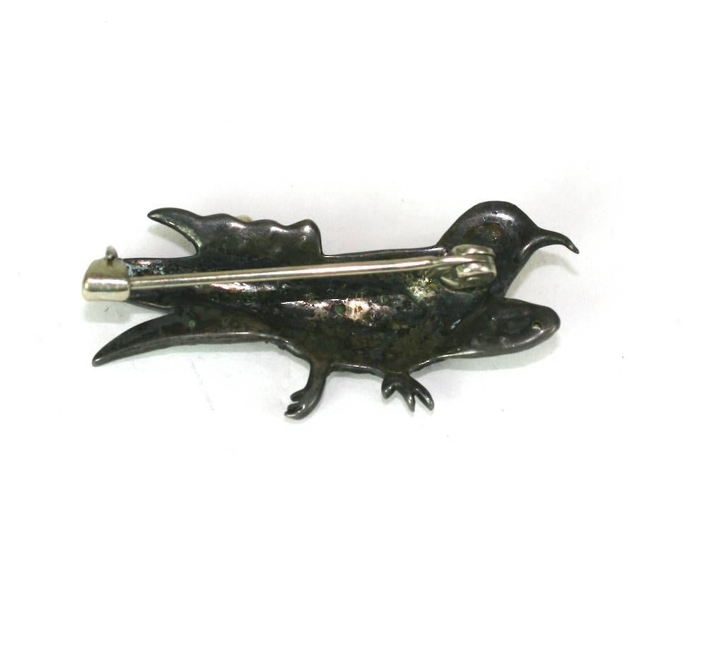 Women's or Men's Charming Art Deco Marcasite Bird Brooch For Sale