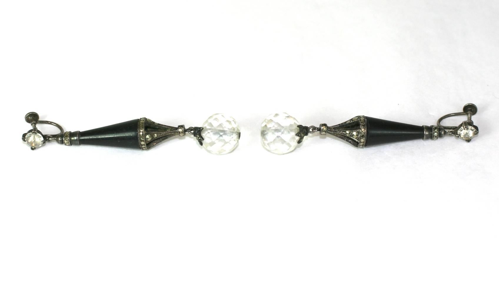 Unusual French Art Deco Marcasite and Rock Crystal Earrrings For Sale 2