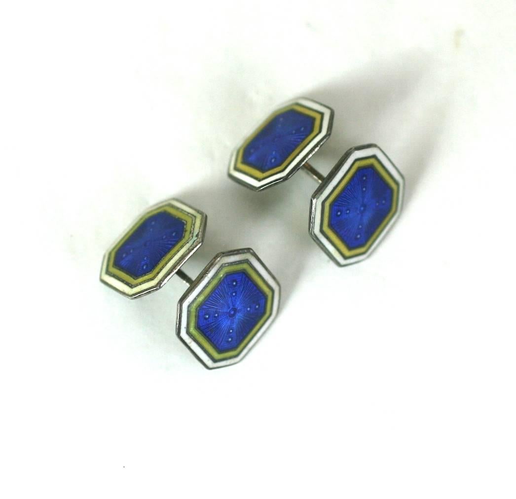 Art Deco Sterling Enamel Cufflinks by Foster and Bailey (F&B). Lovely combination of colors, deep blue, bright yellow and white edging. Engine turned Deco patterns below enamel.
1930's USA.  .5