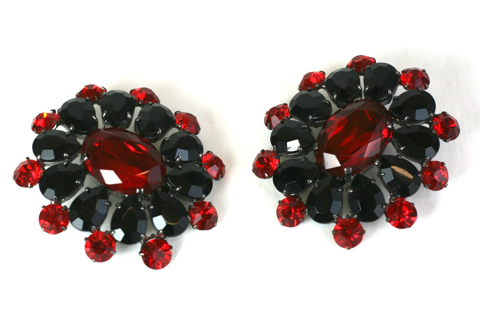 Oversized Jet and Ruby paste Italian Earclips from the 1980's. The colors pop off the gunmetal finish.
Very large, striking scale. Clip back fittings.  2.5