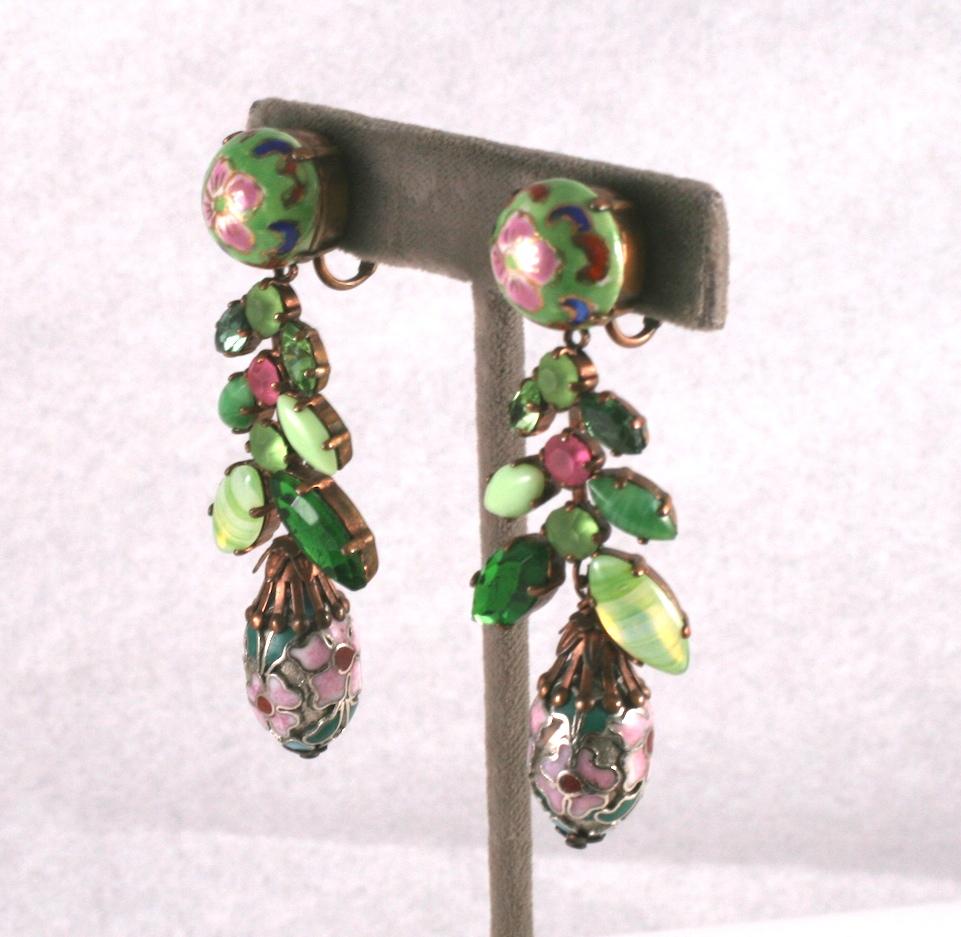 French Chinoiserie Pendant Ear clips of colored, vari sized and cut pastes in shades of greens and pink. Cabochons and pendant drops of cloisonné enamel, also in shades of pinks and greens. 
Excellent Condition,  Clip Back  Fittings, Signed Gas.