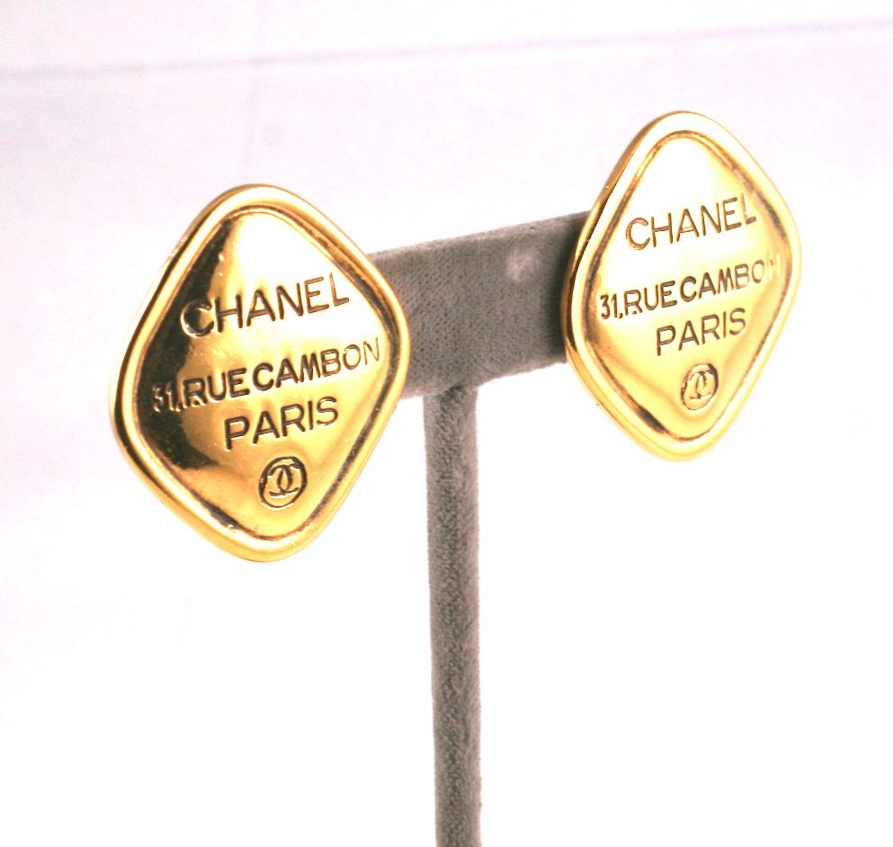 Chanel Rue Cambon Earrings with clip back fittings, from the 1990's. 
The address of Chanel's first Paris boutique is etched and patinaed into design. 
Excellent condition. 1990's France. 
1.5