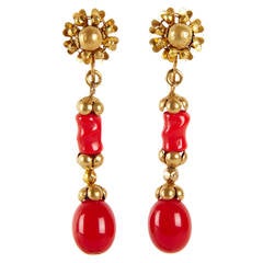 Miriam Haskell Gilt and Red Glass Earrings