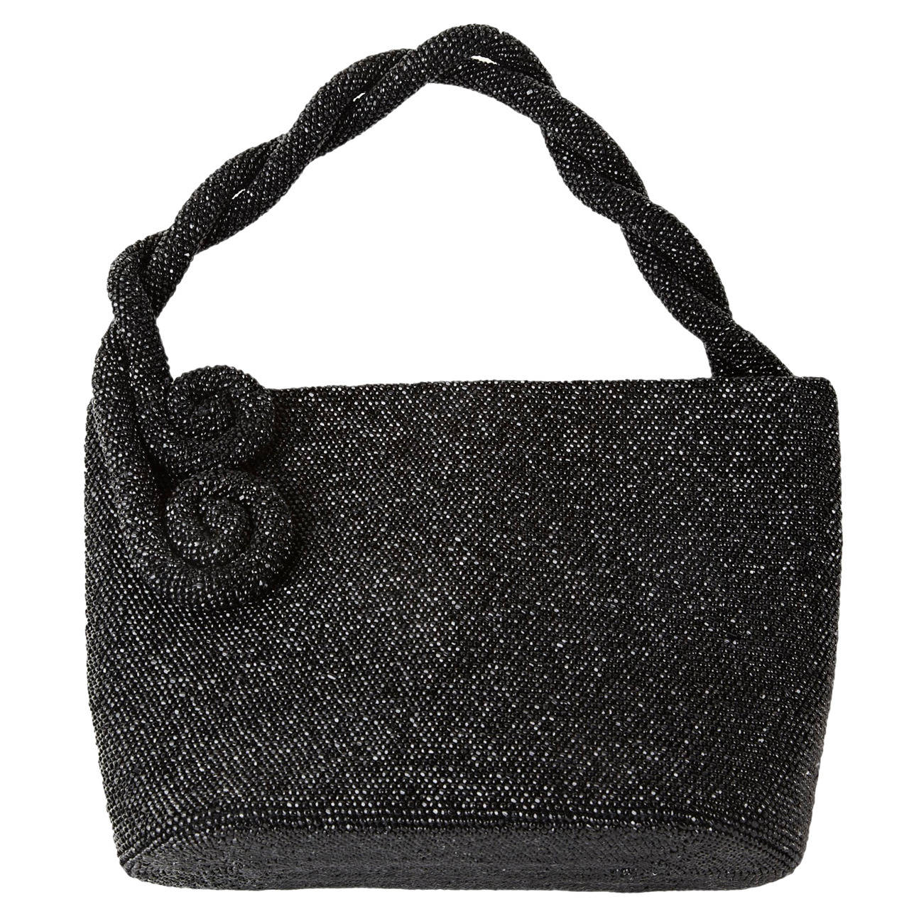 Jet Caviar Beaded Bag with Coil Handles For Sale