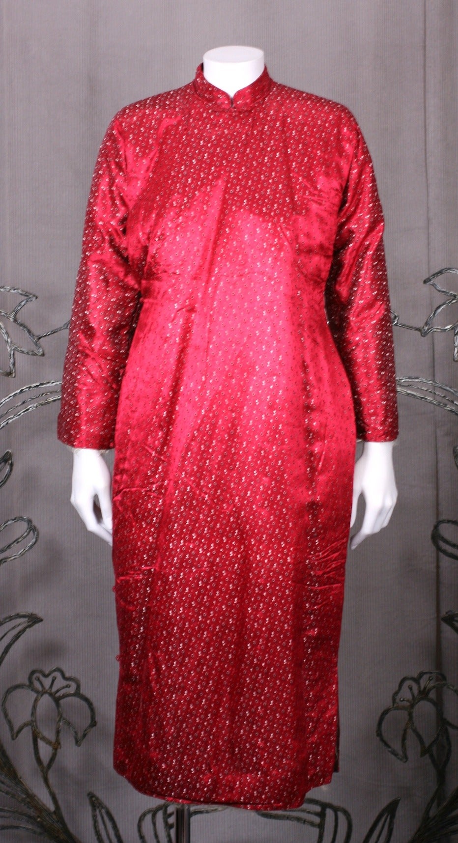 Ruby Silk Satin Brocade Winter Cheongsam In Excellent Condition In New York, NY