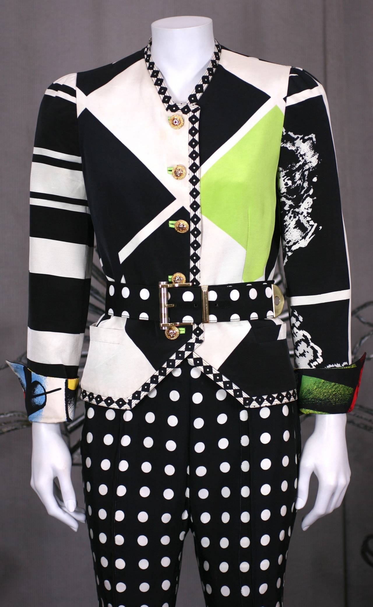 Gianni Versace's Black and White Graphic Suit with Pop Art overtones. Black and white geometrics and dots contrast with the brightly illustrated silk fashion 