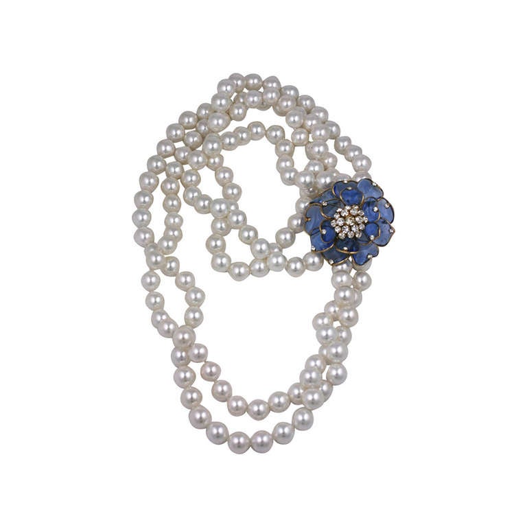 Chanel Sapphire Poured Glass Flower Necklace at 1stDibs