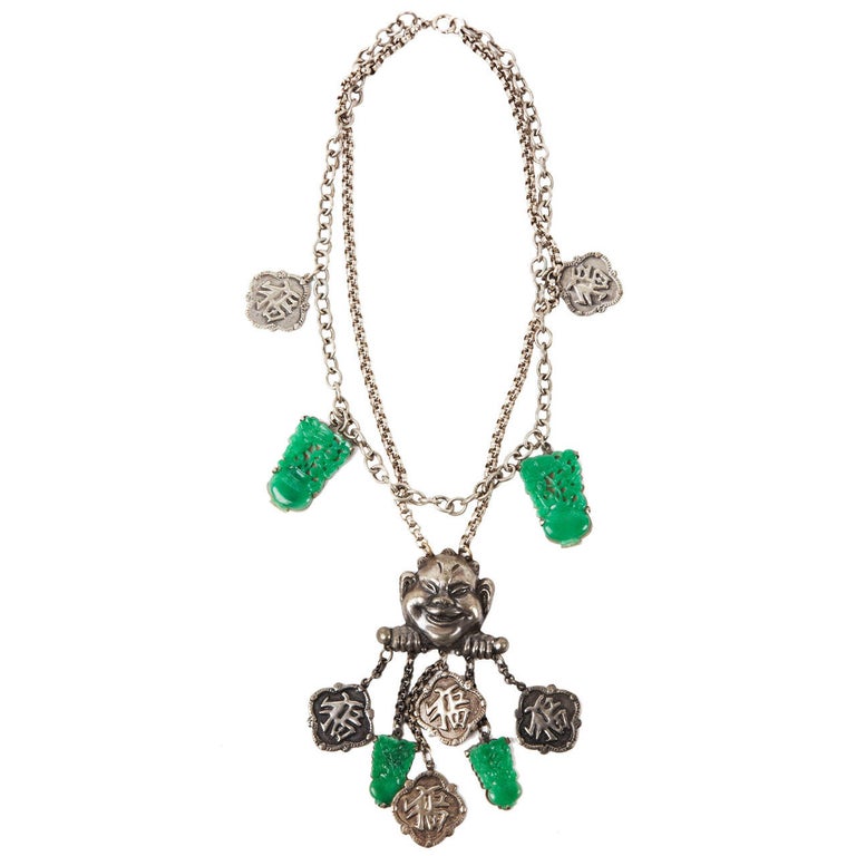 Amusing Asian Style Art Deco Faux Jade Necklace For Sale