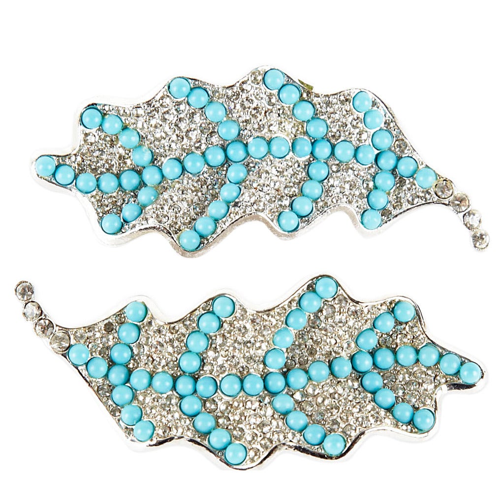 Marvella Pave and Turquoise Leaf Brooches