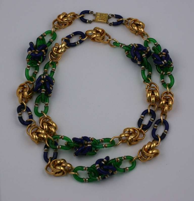 Striking Archimede Seguso Glass chain with interlocking green, sapphire and gilt 