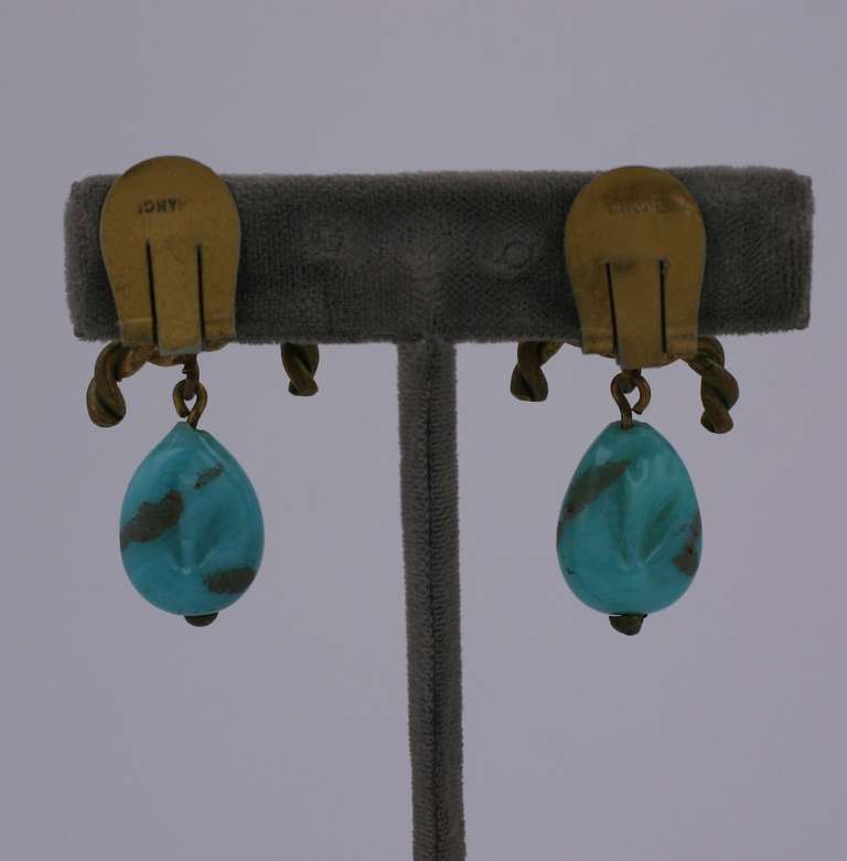 Madeleine Riviere Baroque  earclips of gilt metal, faux turquoise and coral pate de verre stones. France 1940's.  1.75