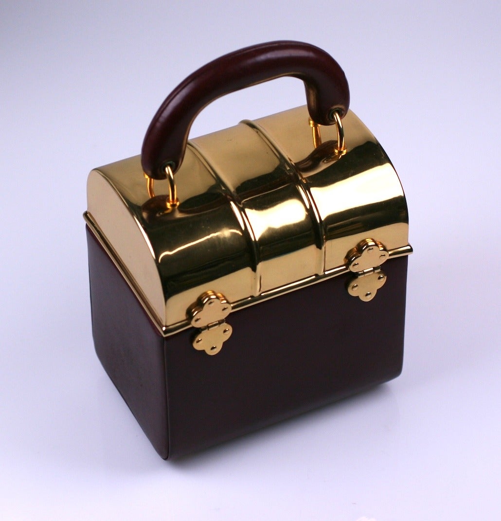 Sacha Burgundy Calf Box Bag with gilt cover and hinges. Designed as a miniature box 