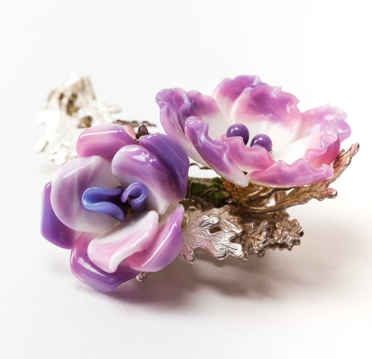 Miriam Haskell brooch of ombre mauve to white Old Roses of handmade lampwork glass petals,pate de verre beads, and signature silver git metal leaves. 3.5