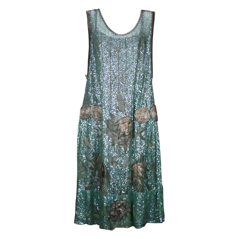 1920's French Seafoam Sequin and Lame Dress. For Sale