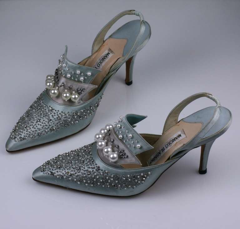 Gray Manolo Blahnik Embroidered Satin Court Slippers