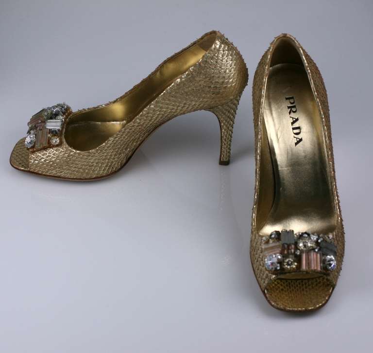 Prada's open toed gold snakeskin pumps with jeweled decorations of chunky Swarovski stones and bugle beads in pinks, greys and crystal. Excellent condition. Size 37 Italian. 2000's Italy.