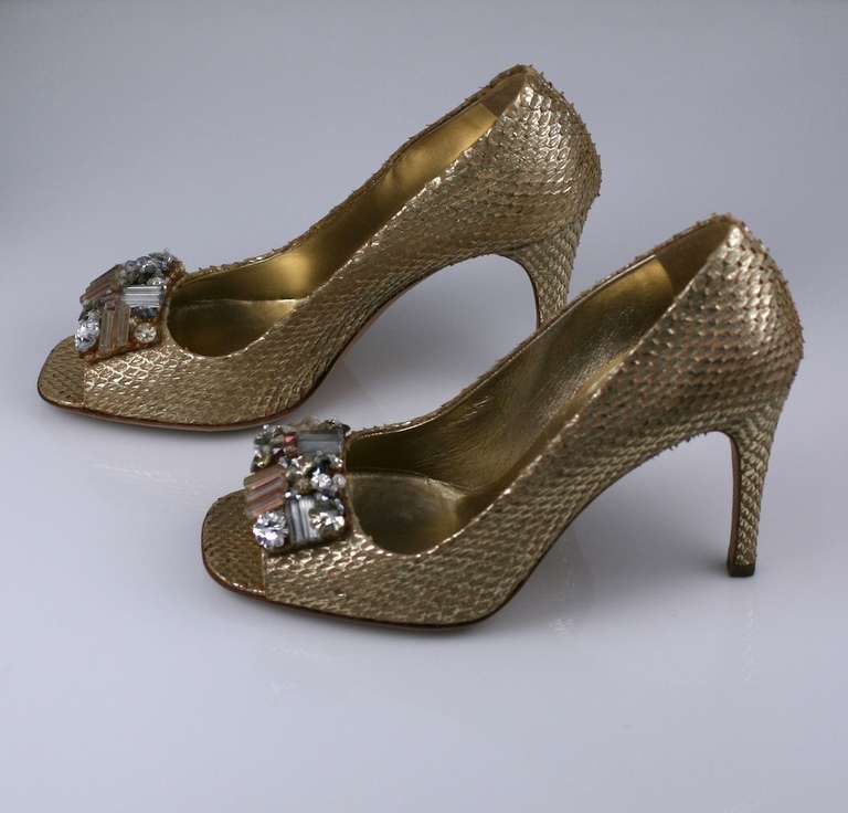 Prada Gold Snakeskin Jeweled Pumps In Excellent Condition In New York, NY