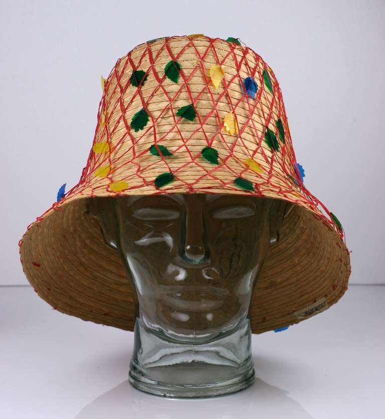 Charming Italian straw bucket hat covered with a red fishnet adorned with multicolored perspex shell sequins. 1960's Italy. 5
