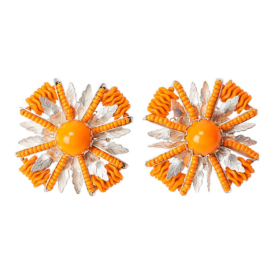 Miriam Haskell Orange Lucite and Silver Gilt Earrings For Sale