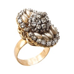 Vintage Miriam Haskell Faux Pearl and Diamonte Ring