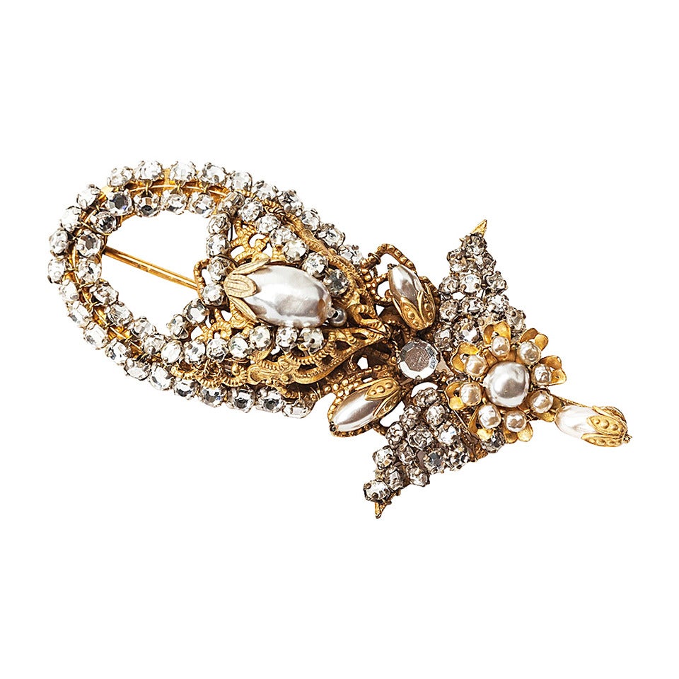 Miriam Haskell Faux Pearl and Crystal Brooch