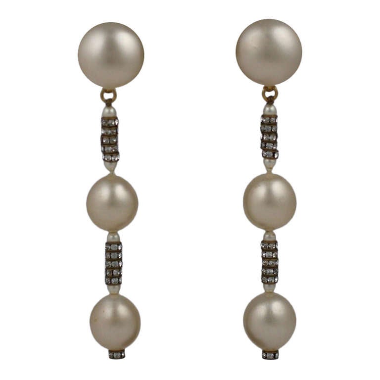 Elegant Chanel Pearl and Pave Rondel Earrings For Sale