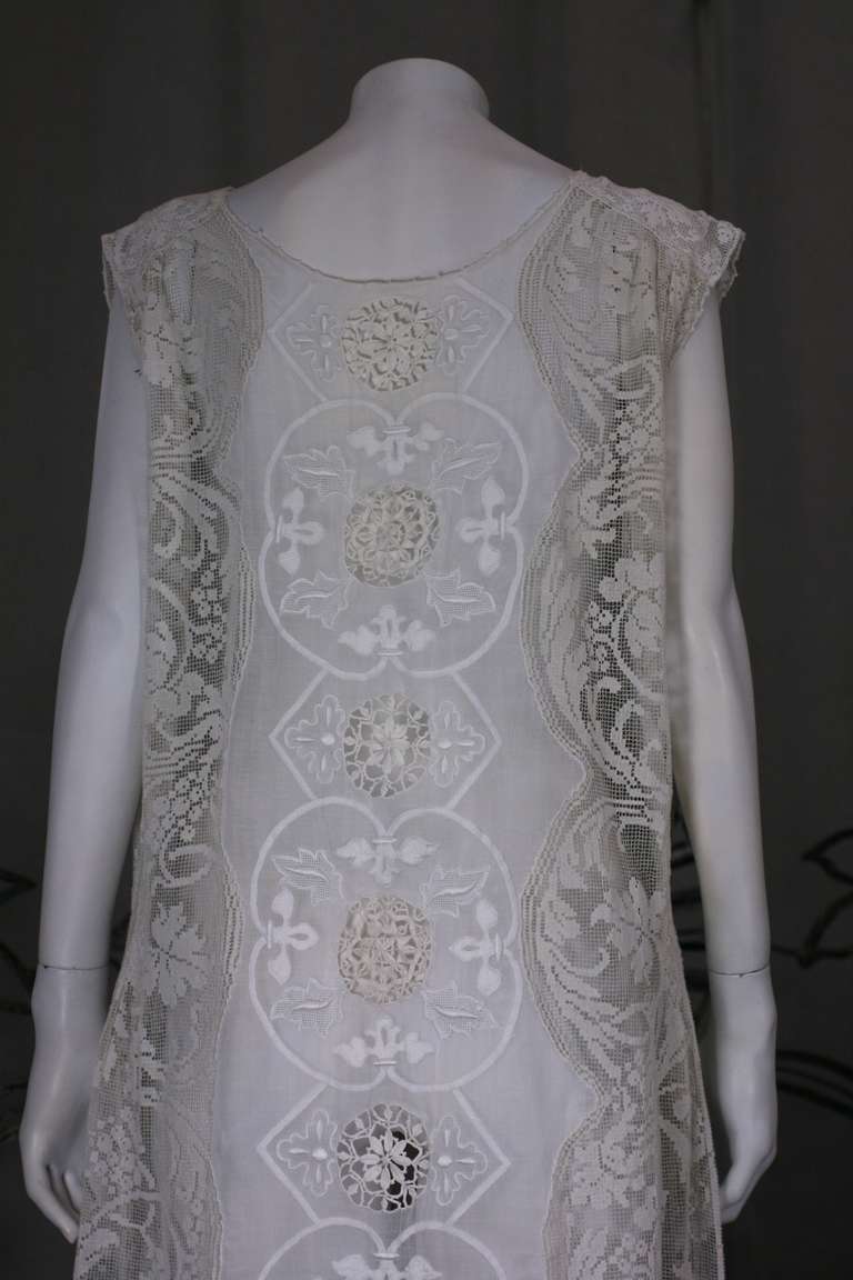 Gray French 1920's Embroidered and Filet Lace Afternoon Dress. For Sale