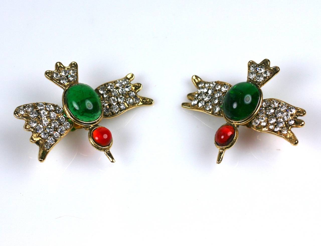 Chanel Sparrow ear  clips of faux ruby and faux emerald poured glass cabochons (Maison Gripoix) set in antique gilt metal with wings and tail, hand prong set with crystal pave stones. 2