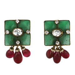 Vintage  MaisonGripoix for Chanel Emerald and Ruby Drop Earclips