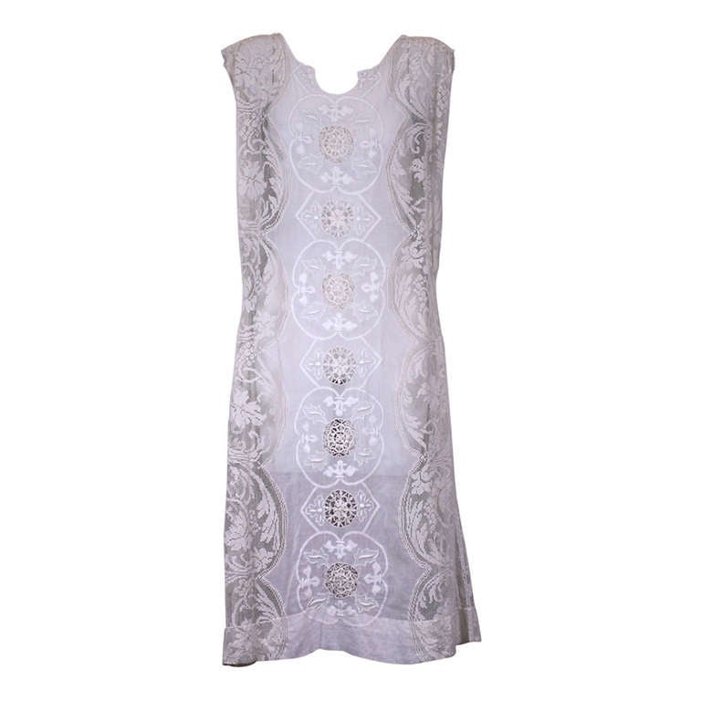 French 1920's Embroidered and Filet Lace Afternoon Dress. For Sale