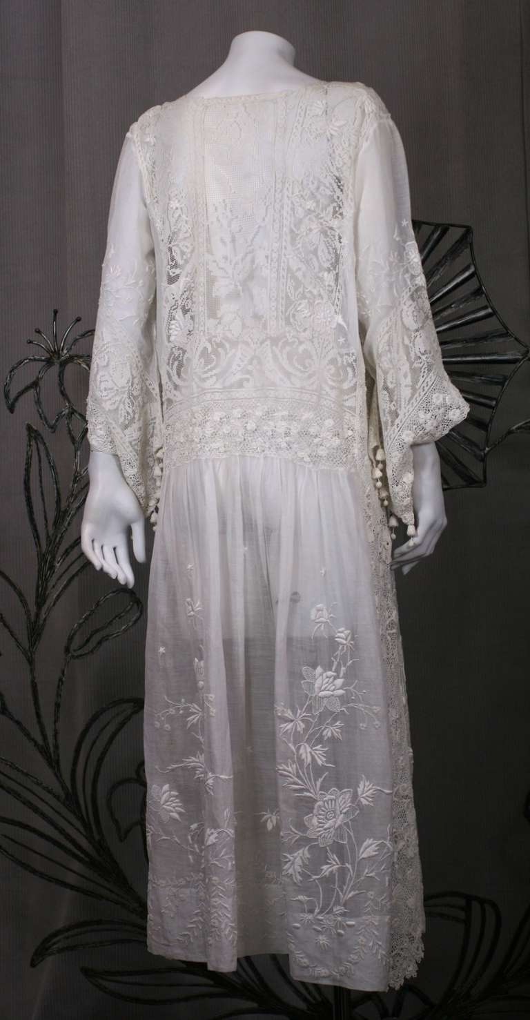 Gray Embroidered Batiste and Filet 1920's Dress