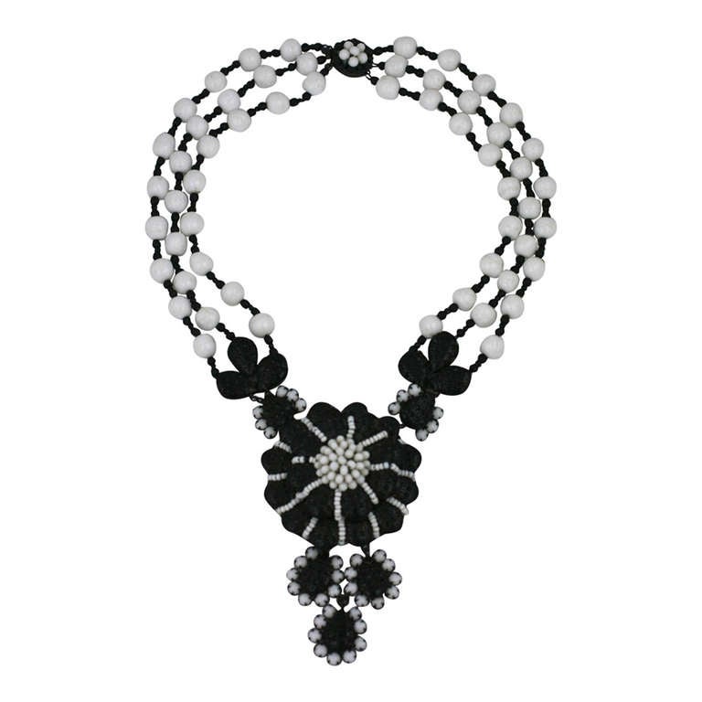 Miriam Haskell Black and White Georgian Revival Flower Necklace For Sale