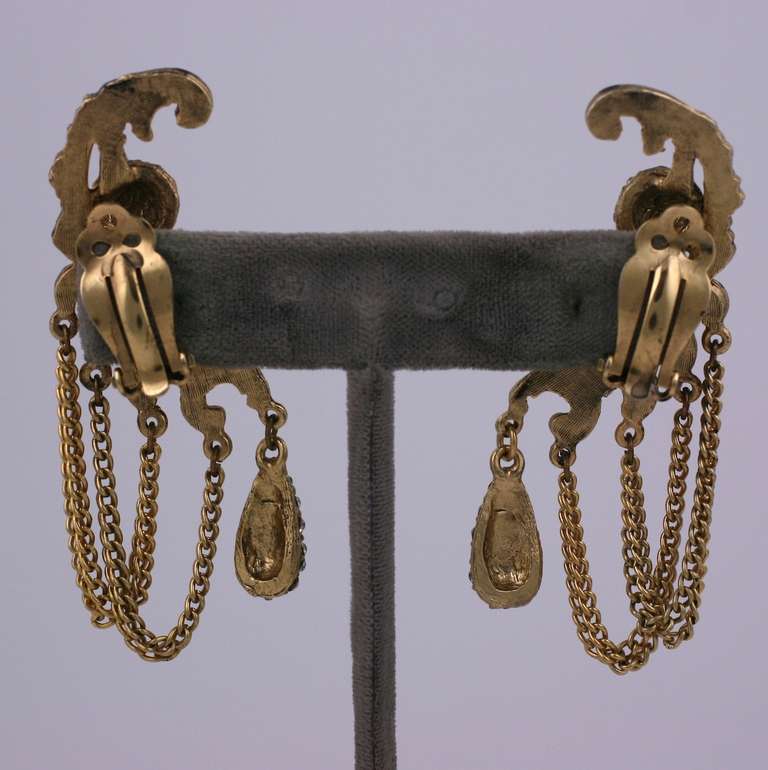 Unusual gilt swagged chain earrings with pave ball and teardrop accents. They travel up the ear.  Excellent condition. 1980's USA. 2.5