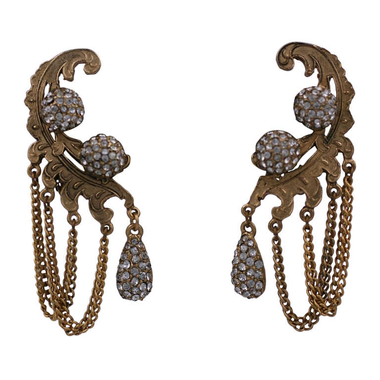 Gilt Pave and Swag Earrings For Sale