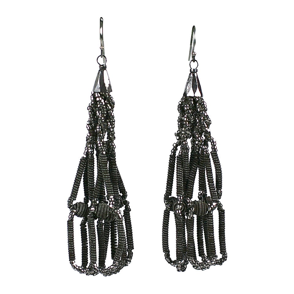 Cut Steel and Silesian Wire Tassel Earrings For Sale