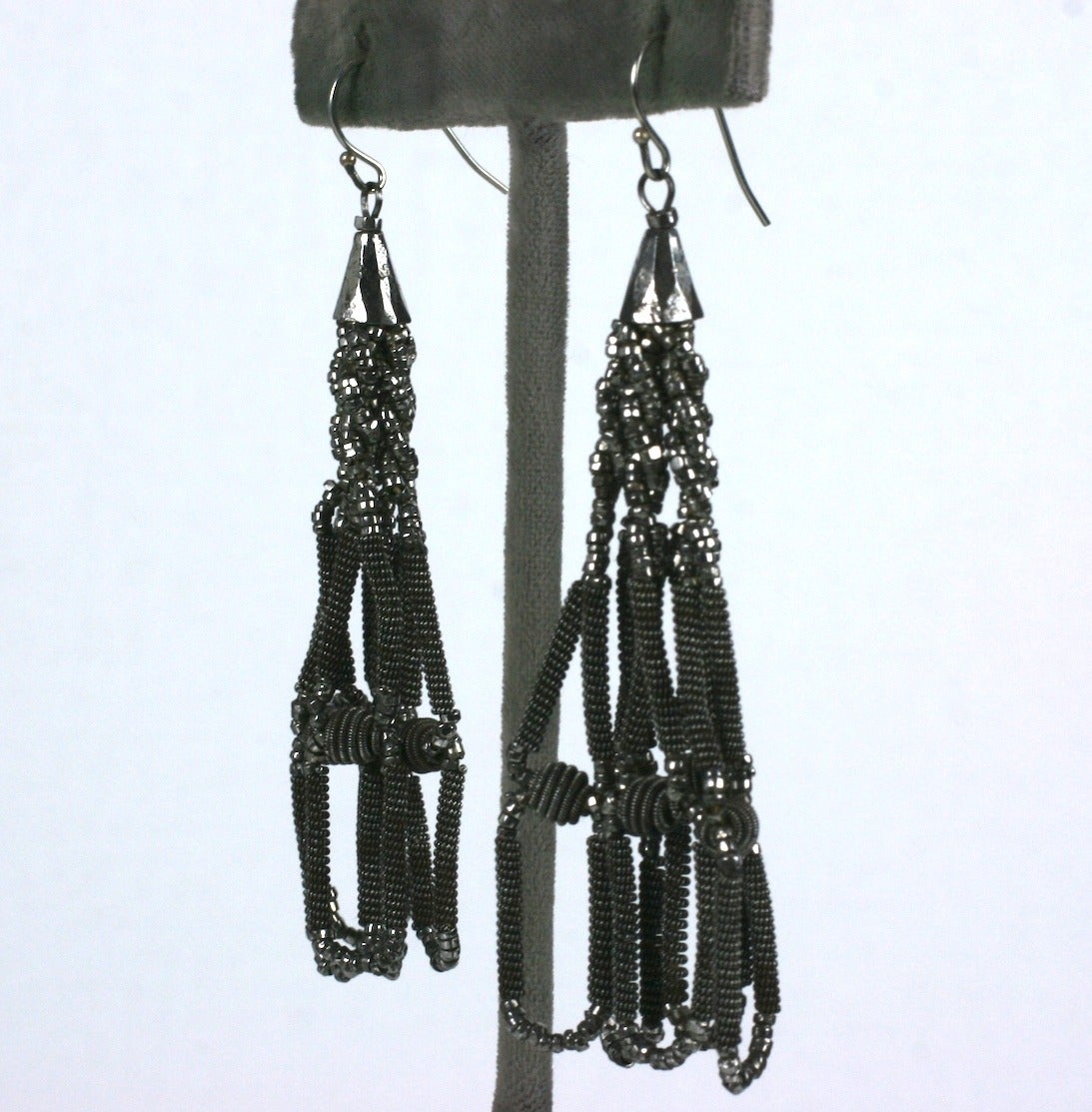 Cut Steel and Silesian Wire tassel Earrings from the mid 19th Century. Beautifully crafted with cut steel beads and silesian wire work twisted into each tassel. 1860's UK. 3