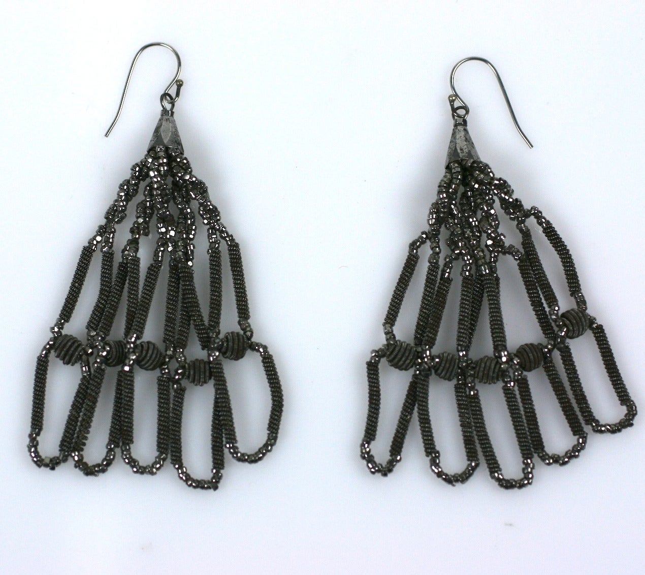 Cut Steel and Silesian Wire Tassel Earrings In Excellent Condition For Sale In New York, NY