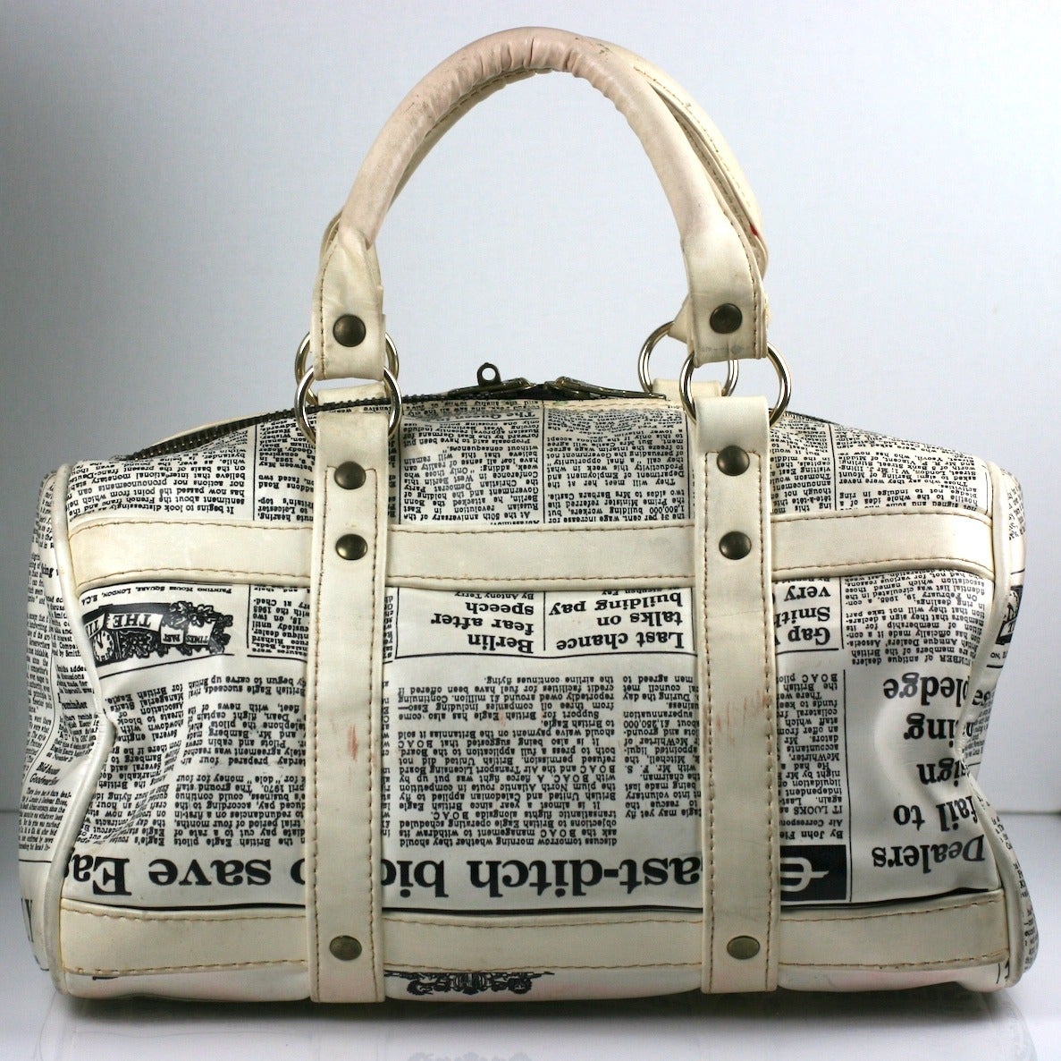 Beige Mod English Newsprint Satchel For Sale