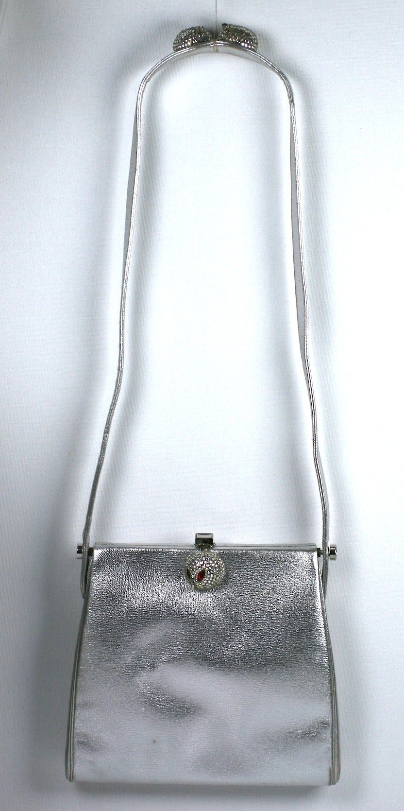 Early and unusual Judith Leiber Pave Shoulder Bag in silver kid leather with applied 3-D bombe, pave owl heads. Unusual design with charming figural accents.  1960's USA. 7
