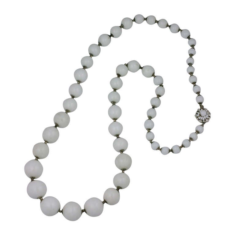 Miriam Haskell Milk Glass Graduated Bead Long Necklace For Sale