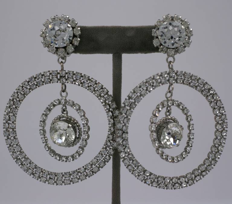Oversized runway earrings of concentric diamonte hoops with large Swarovski crystals by Chanel, Paris. Clip back fittings, 1991 France. Excellent condition. 
3.5