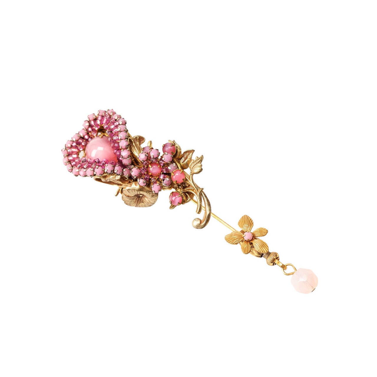 Glorious FLOWER Pearl Petals PINK Rhinestone 3D Retro Vintage BROOCH Necklace